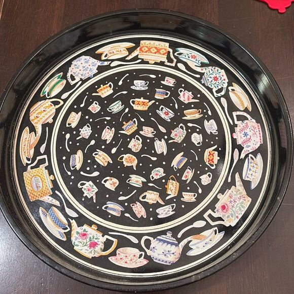 Dept 56 teapot metal serving tray tin tea leave - Picture 1 of 7